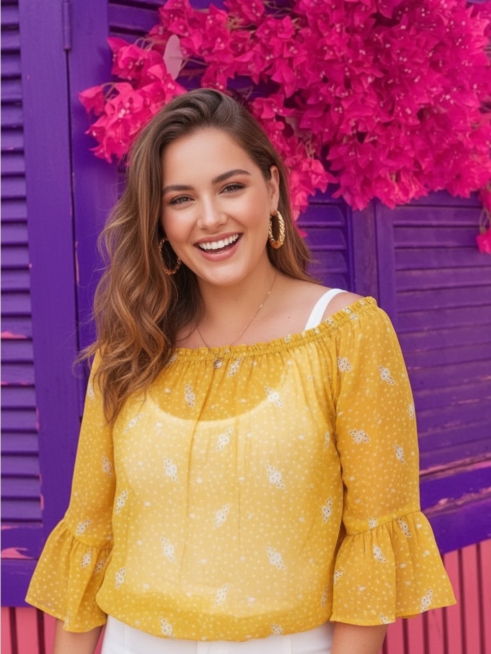 Cato Yellow Off-Shoulder Ruffle Sleeve Sheer Blouse